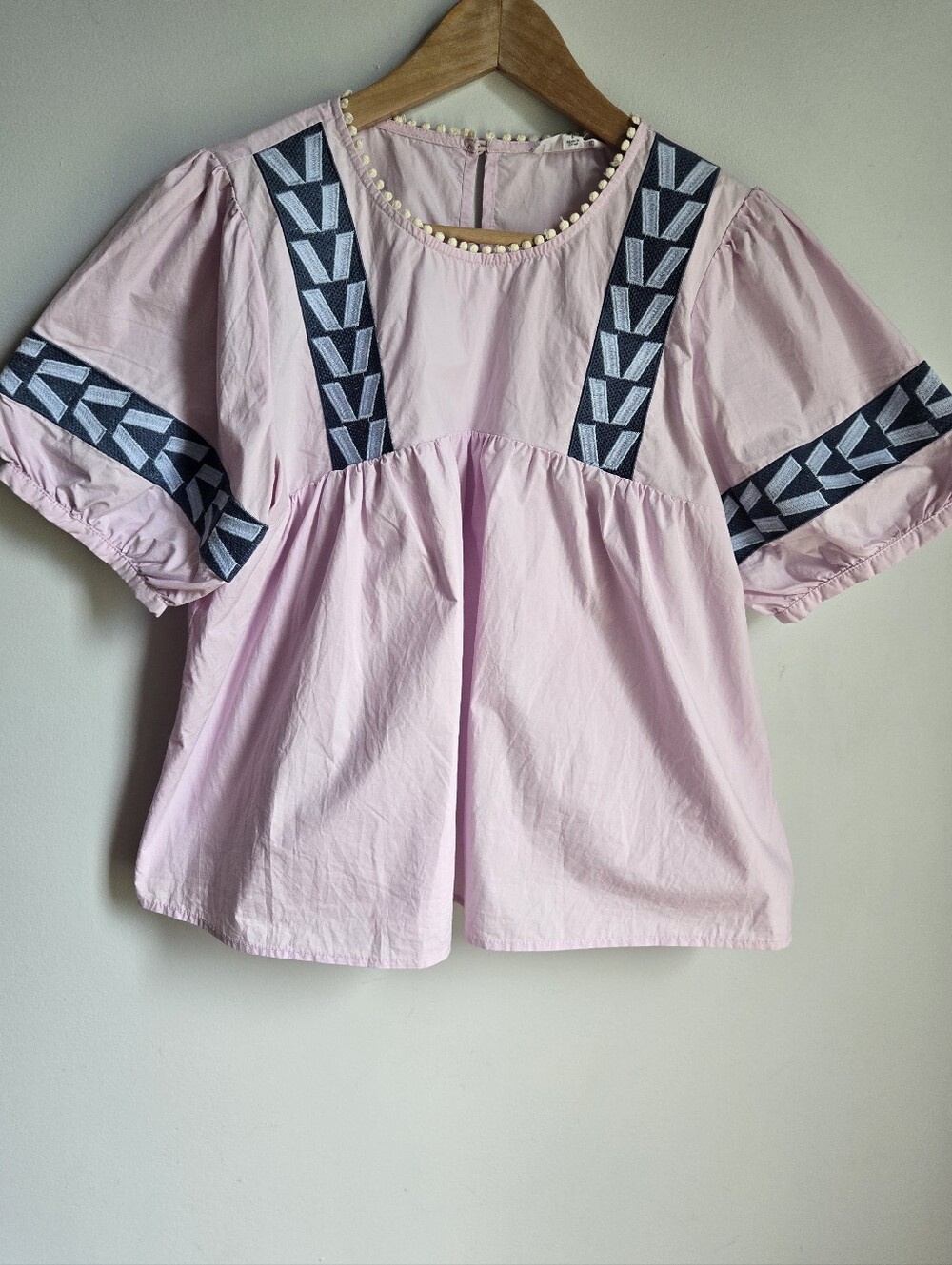 THML Pink Top with Blue Geometric Embroidery and Cream Pom Trim